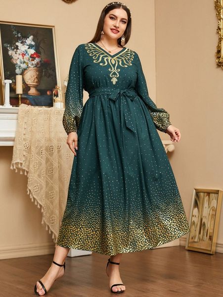 

plus gold geo print scroll embroidery lantern sleeve belted dress 10xm#, Black