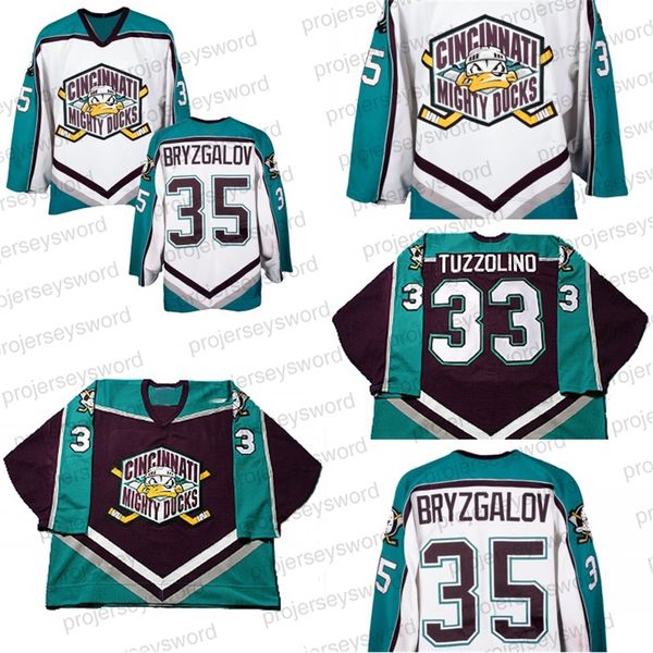 MIT 1999-2000 Cincinnati Mighty Ducks Jersey Hóquei 8 Sean Avery 33 Tony Tuzzolino 35 Iilya Bryzgalov Pato Gelo Hóquei Jerseys Black White S-3XL