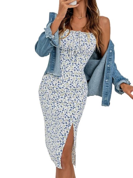 

ditsy floral print knot front split thigh cami dress 90mz#, Black;gray