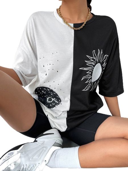 

sun & moon print drop shoulder spliced t-shirt o2ju#, White