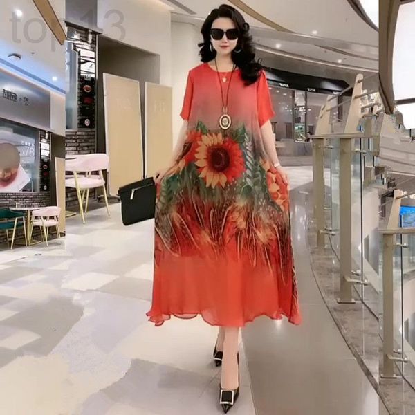 

casual dresses designer large silk dress 2021 summer new fashion foreign style loose temperament printed skirt 16aa, Black;gray