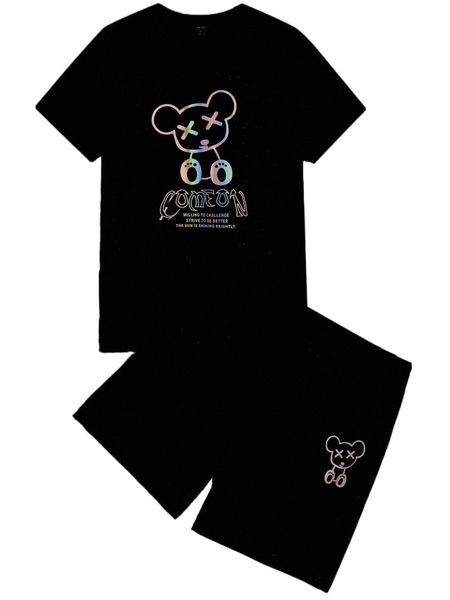 

men reversible slogan & cartoon graphic tee & drawstring waist shorts y07g#, Gray