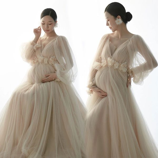 Abiti premaman in tulle di qualità per servizio fotografico Elegence Long Pregnant Woman Gravidanza Fotografia Abito lungo Baby Shower Dress