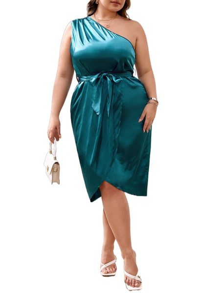 

plus solid one shoulder wrap hem belted satin dress v1ff#, Black
