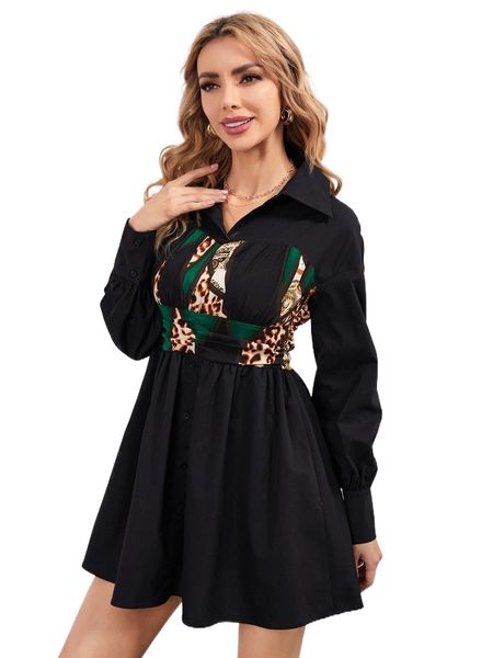 

ruched bust leopard & baroque print shirt dress q8vw#, Black;gray