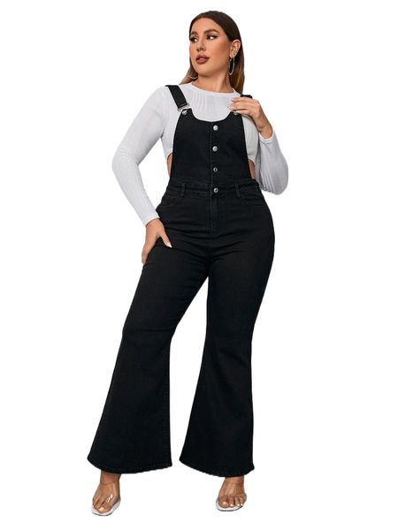

plus flare leg denim overalls without h1n9#, Black;white