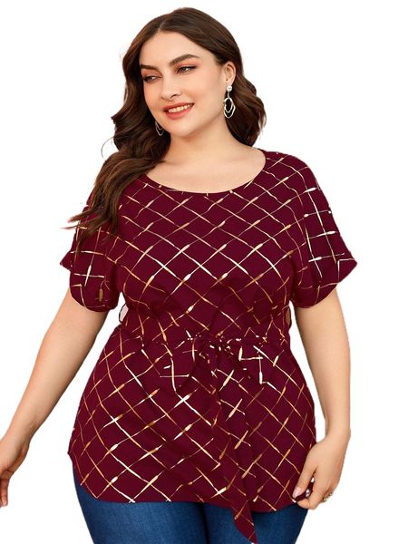 

plus golden plaid print dolman sleeve belted blouse s254#, Black