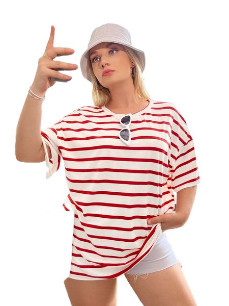 

plus striped drop shoulder tee h4gd#, Black