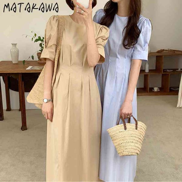 

lace waist dresses puff sleeve woman dress korean chic temperament round neck robes pleated long vestidos 210506, Black;gray