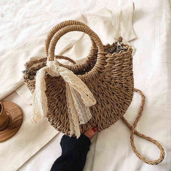

bohemian woven straw bag women half moon shoulder large beach summer women's lace bow rattan crossbody s 220519