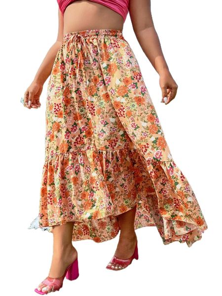 

plus floral print drawstring waist ruffle hem skirt 342l#, Black