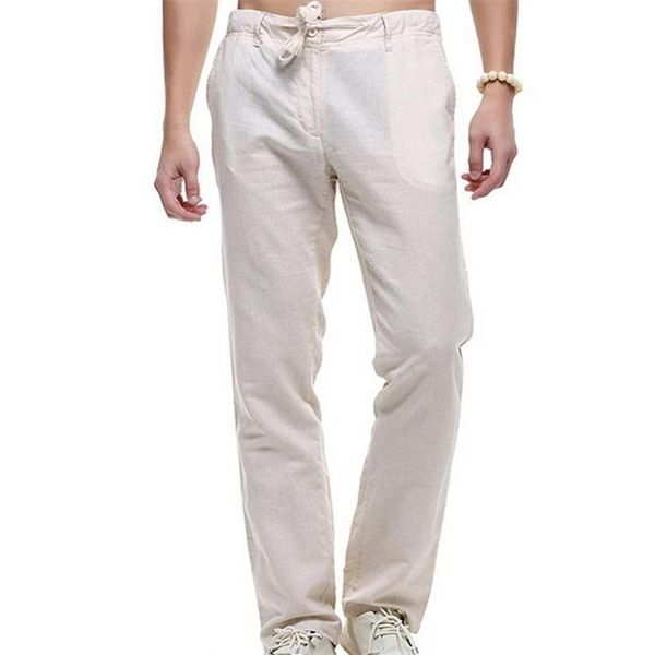 

men s summer casual pants natural cotton linen trousers white linen elastic waist straight men s pant lj201103, Black