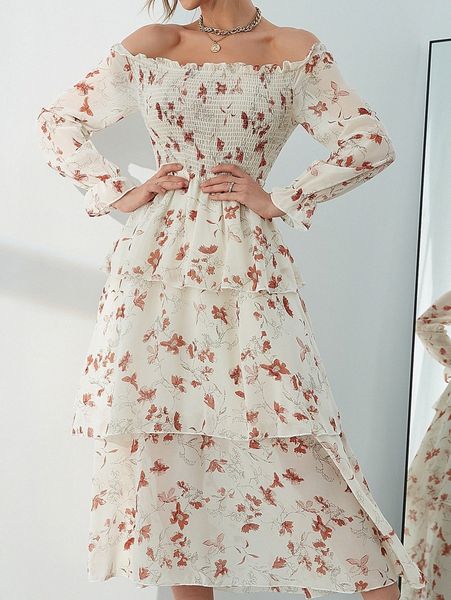 

floral print off shoulder flounce sleeve layered hem dress i9d7#, Black;gray