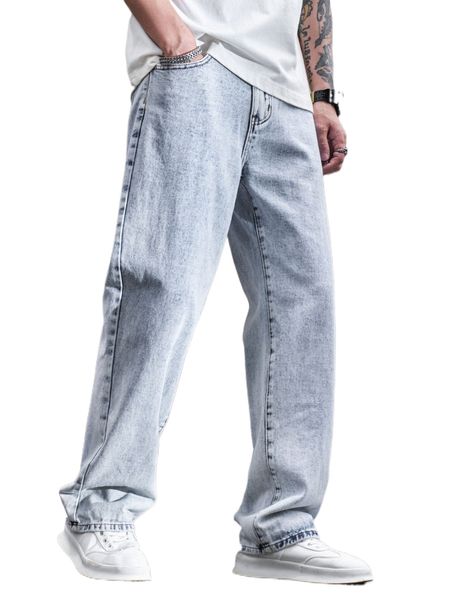 

men zip fly straight leg jeans e05d#, Blue