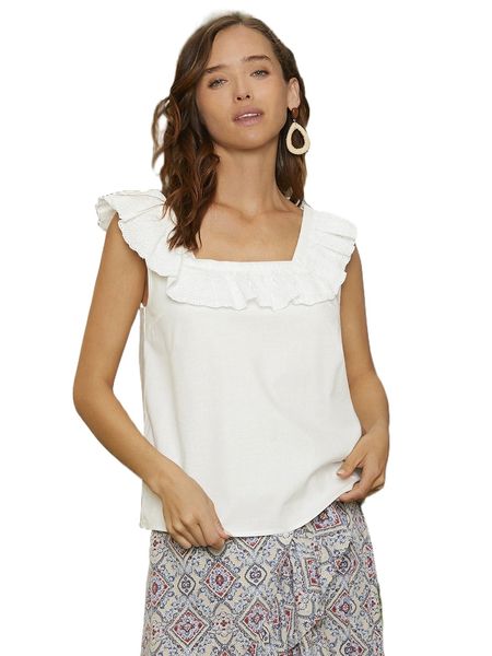 

eyelet embroidered ruffle trim square neck blouse j8lw#, White