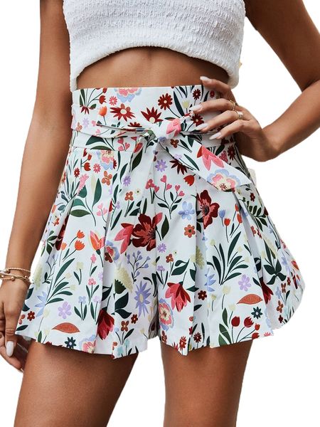 

floral print wide waistband knot front fold pleated shorts g4fs#, White;black