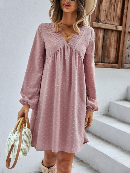 

swiss dot lantern sleeve lace detail smock dress n0lg#, Black;gray