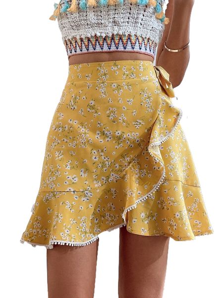 

floral ruffle trim skirt z0hd#, Black