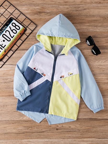 

toddler boys color block car embroidery hooded high low hem jacket she, Blue;gray