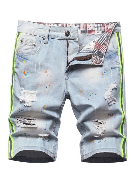 

men paint drip print ripped contrast tape denim shorts o2ds#, White;black