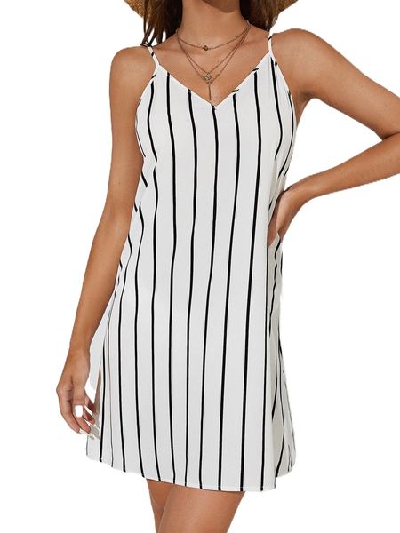 

tall striped print cami dress v754#, Black;gray