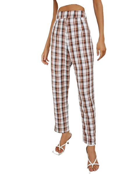 

plaid print wide waistband pants a9d7#, Black;white