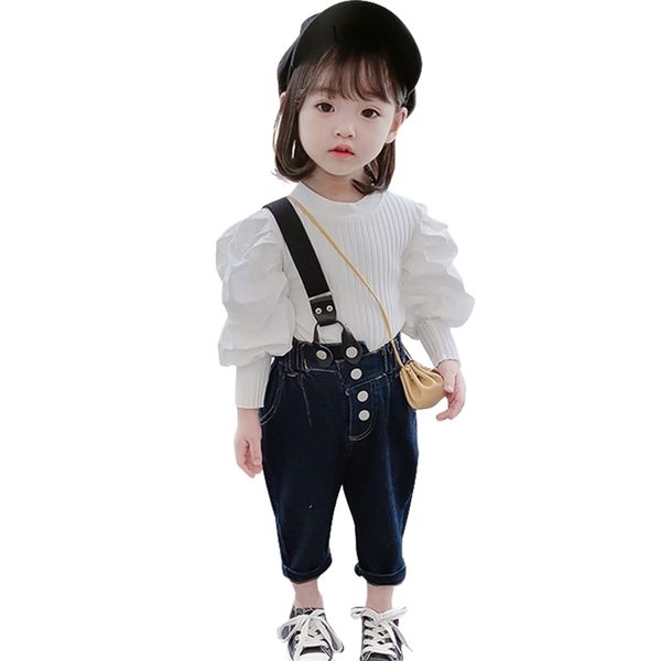 

baby girl dress puff sleeve tracksuits for girls blouse jeans girls sets clothing toddler kid clothes 210412, White