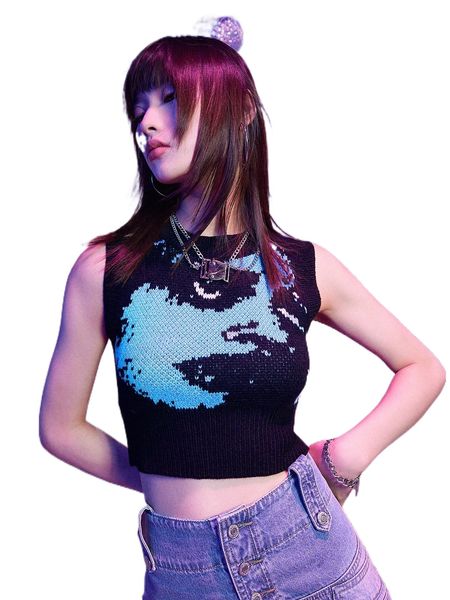 

romwe cyber luvr figure pattern sweater vest w1zt#, White;black