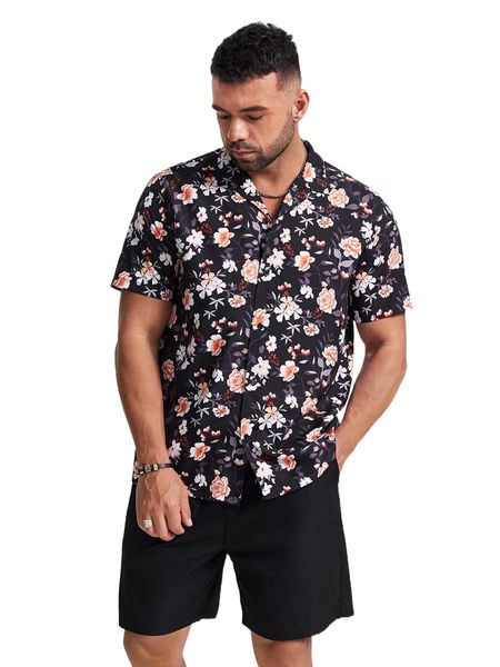 

extended sizes men floral print shirt & drawstring waist shorts f3k1#, Gray