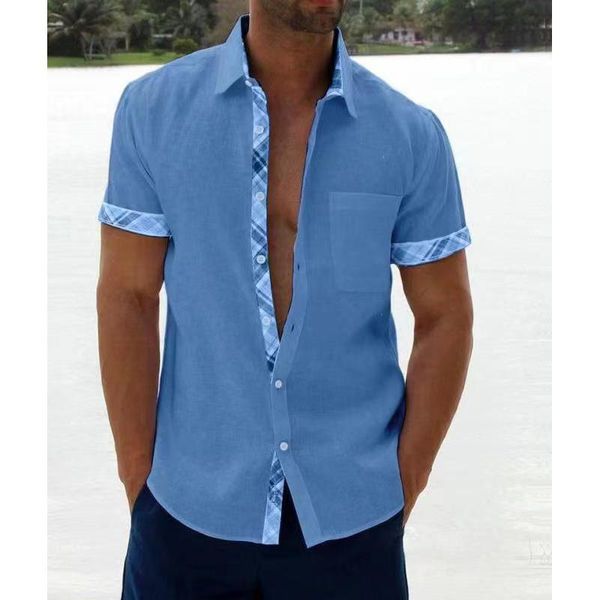 Camisas casuais masculinas Blusa de linho masculina Manga curta Botões largos Combinando cores de verão Algodão confortável e camisetas soltas para férias Masculinas