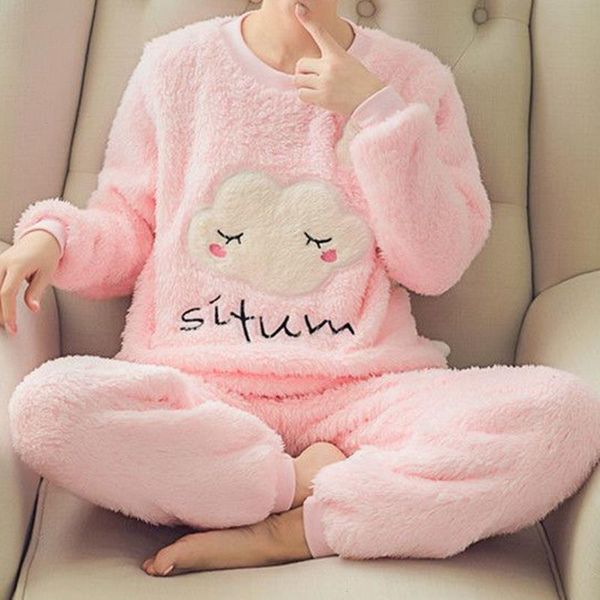 

autumn winter pajamas set women sleep shirt pant sleepwear warm flannel nightgown female cartoon bear animal pijamas, Black;red
