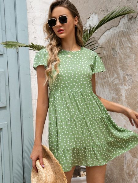 

polka dot flounce hem dress c1np#, Black;gray