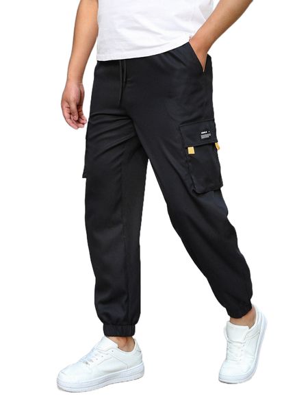 

men slogan patched detail flap pocket drawstring waist cargo pants c5w3#, Black