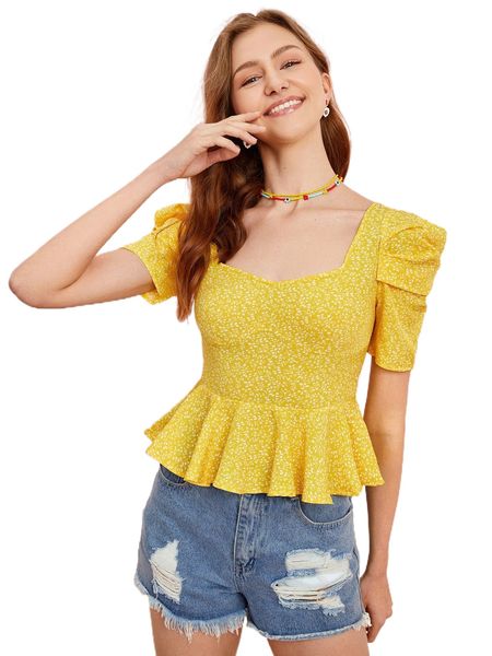 

ditsy floral square neck puff sleeve peplum b7gr#, White