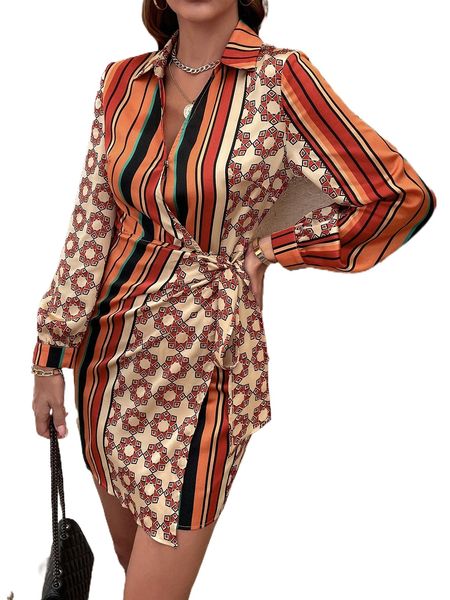 

striped & geo print knot side wrap satin shirt dress y3jy#, Black;gray