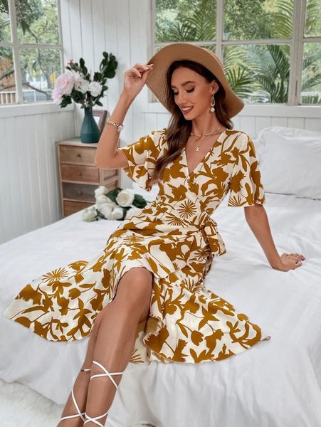 

floral print surplice neck belted wrap dress d3u5#, Black;gray