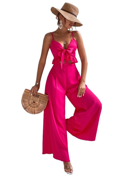 

knot front peplum cami & wide leg pants e5yi#, White