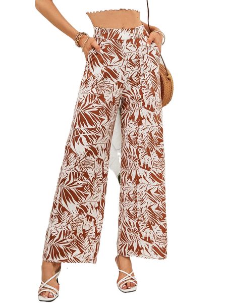 

tropical print wide leg pants i9u7#, Black;white