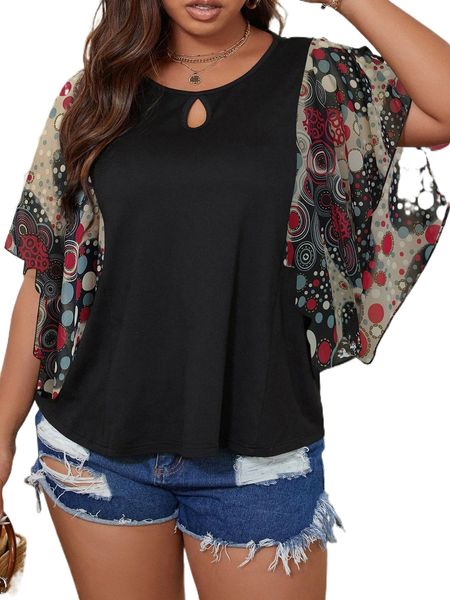 

plus polka dot flutter sleeve blouse 17ud#, Black