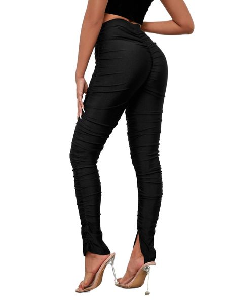 

split hem ruched skinny pants l9xr#, Black;white