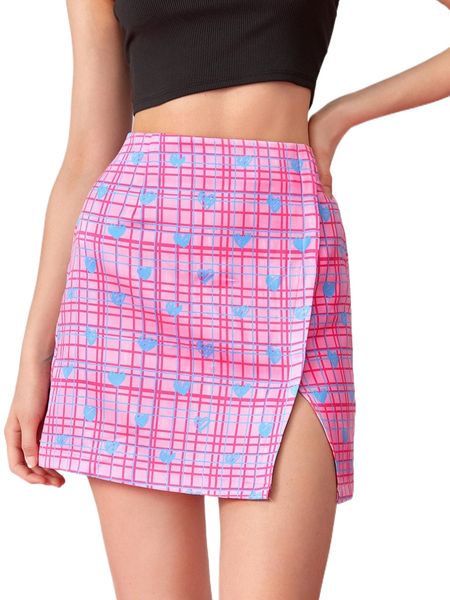 

x tanya dim heart & plaid print wrap split hem skirt q40h#, Black