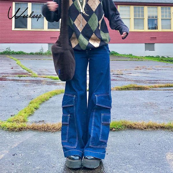 

weekeep pocket patchwork women jeans vintage high waist casual baggy straight pants harajuku long trouser streetwear denim pants 220815, Blue