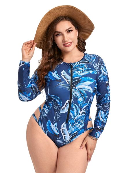 

plus tropical print zip front one piece swimsuit y0sp#, White;black