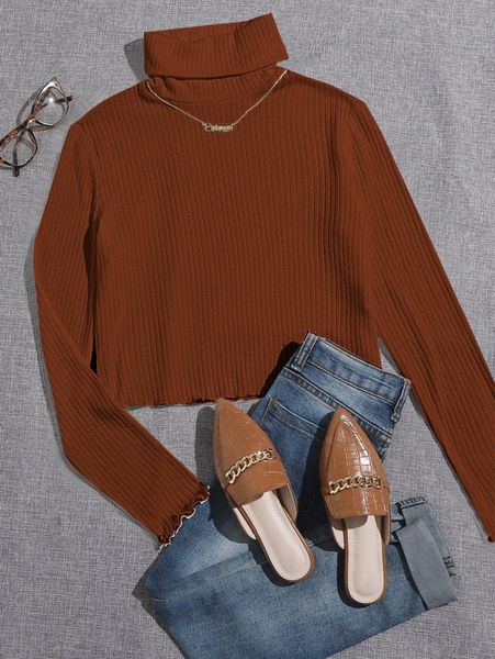 

high neck lettuce trim rib-knit tee 75xa#, White