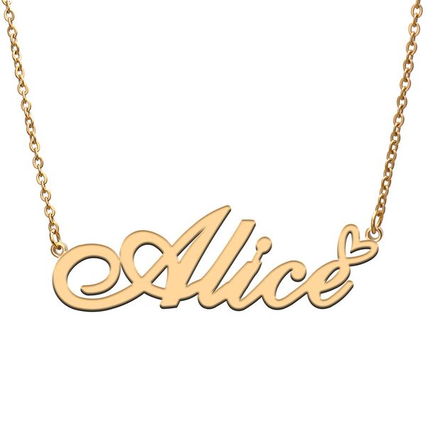 Alice Nome Colares for Women Love Heart Gold Nomeled Pingente Girl Girl Aço inoxidável Nomelanced Girlains Annor de Natal Declaração de jóias Presente de joias