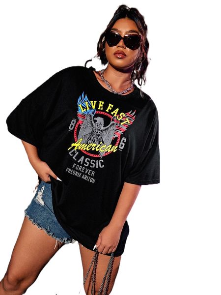 

plus eagle & letter graphic oversized tee x2vl#, Black
