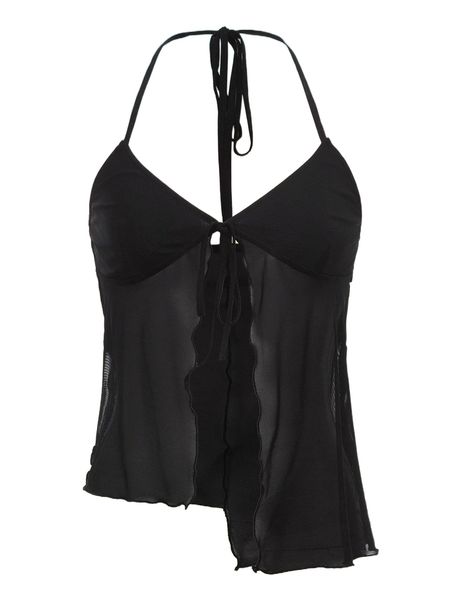 

asymmetrical hem tie backless mesh halter 20ip#, White