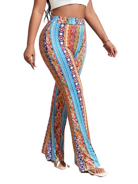 

sxy geo and floral print flare leg pants k8wu#, Black;white