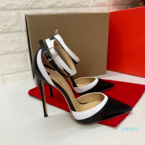 2022-Сексуальная женская модная женская обувь Черно-белые полосатые кожаные ремешки с острым носком на шпильке для стриптиза Туфли-лодочки на высоком каблуке большого размера 44