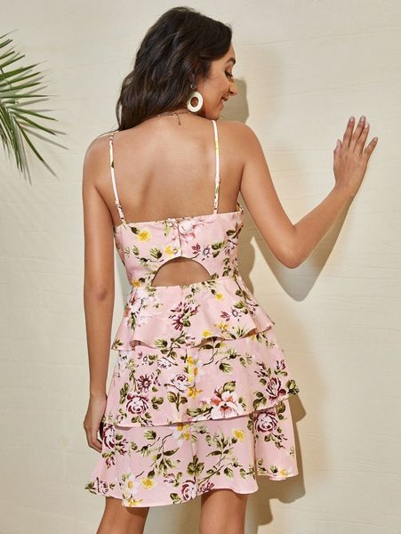 

allover floral print layered hem dress i9pg#, Black;gray